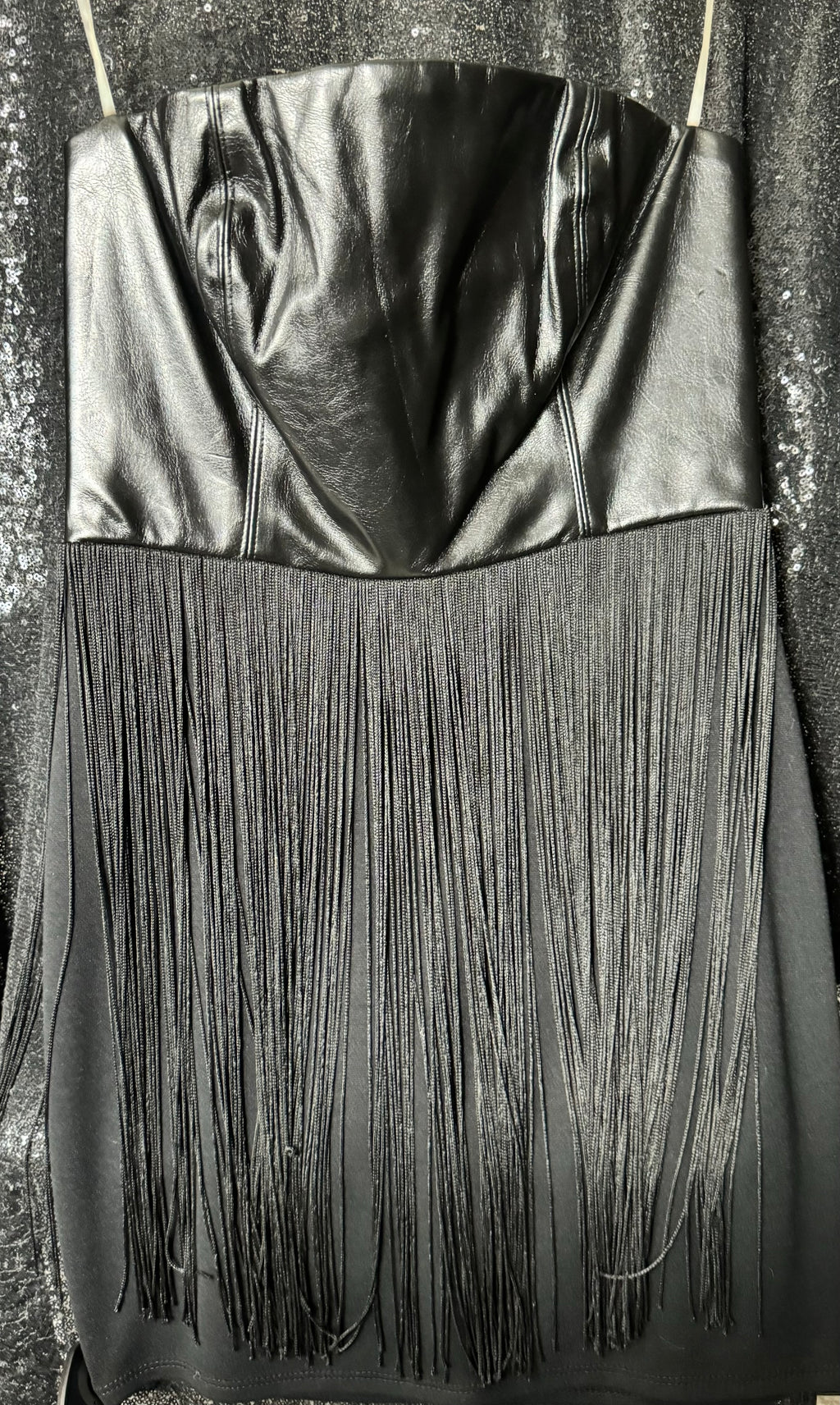 “KEILA” BLACK STRAPLESS TASSLE DRESS